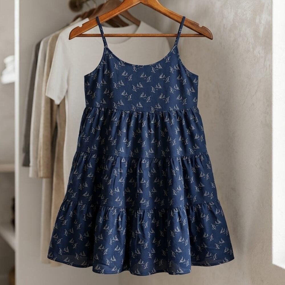 Vineyard Vines Blue Sailboat Tiered Strappy Cami Dress Smocked Stretch Back Sz M
